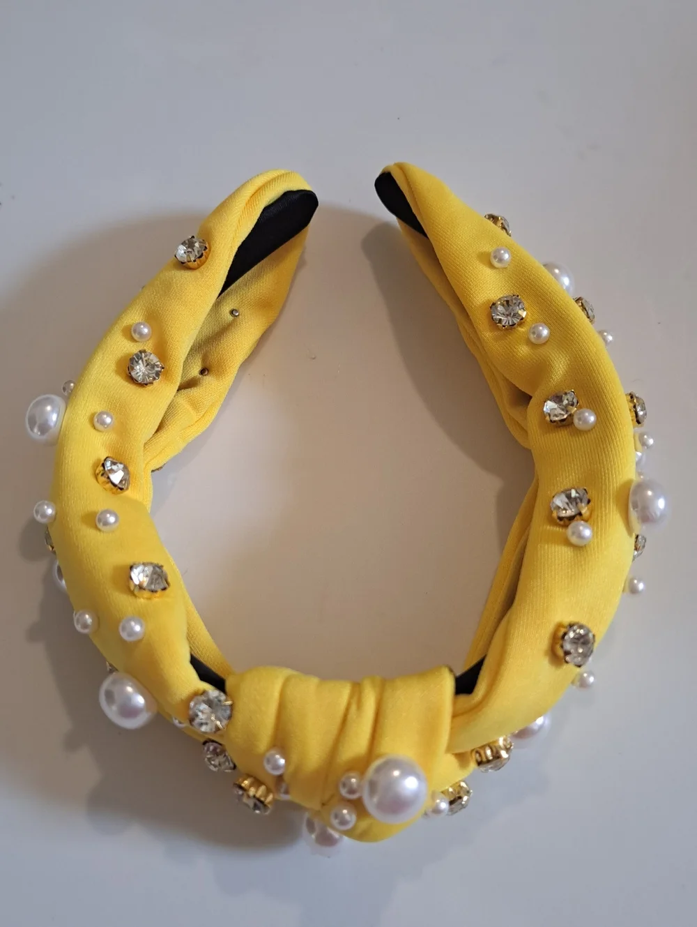Yellow Faux Pearl & Rhinestone Knotted Headband - Wide, Solid Color